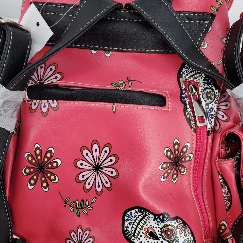 Sugar Skull Backpack Purse Pink‎ Floral Day of the Dead Conceal Carry Drawstring